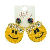 Hippie Smiley Face Seed Bead Earrings - Flower Crown, Beaded (1.8x2.5in)