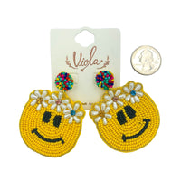 Hippie Smiley Face Seed Bead Earrings - Flower Crown, Beaded (1.8x2.5in)