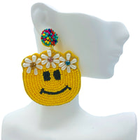 Hippie Smiley Face Seed Bead Earrings - Flower Crown, Beaded (1.8x2.5in)