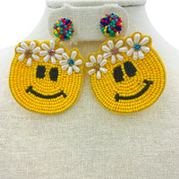 Hippie Smiley Face Seed Bead Earrings - Flower Crown, Beaded (1.8x2.5in)