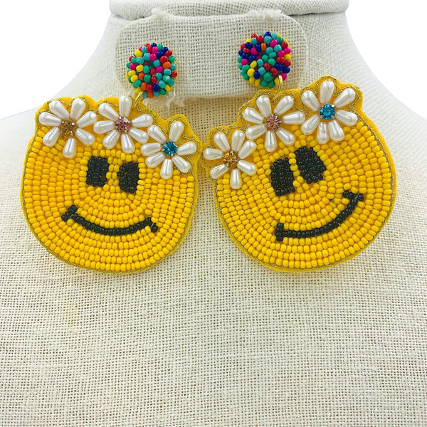 Hippie Smiley Face Seed Bead Earrings - Flower Crown, Beaded (1.8x2.5in)