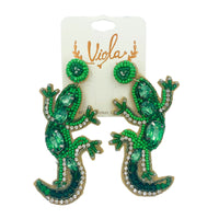 Green Gecko Lizard Seed Bead & Crystal Earrings - Beaded (1.5x3.25in)