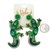 Green Gecko Lizard Seed Bead & Crystal Earrings - Beaded (1.5x3.25in)