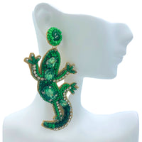 Green Gecko Lizard Seed Bead & Crystal Earrings - Beaded (1.5x3.25in)