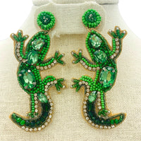 Green Gecko Lizard Seed Bead & Crystal Earrings - Beaded (1.5x3.25in)