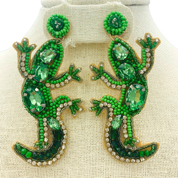 Green Gecko Lizard Seed Bead & Crystal Earrings - Beaded (1.5x3.25in)