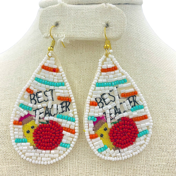 Best Teacher Teardrop Seed Bead Earrings - School, Beaded (1.5x3in)