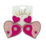 Pink Heart Peace Sign Seed Bead & Crystal Earrings - Beaded (2x2.25in)