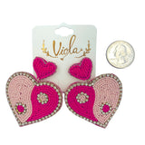 Pink Heart Peace Sign Seed Bead & Crystal Earrings - Beaded (2x2.25in)