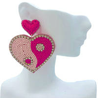 Pink Heart Peace Sign Seed Bead & Crystal Earrings - Beaded (2x2.25in)