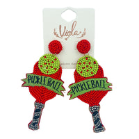 Pickleball Themed Seed Bead Earrings - Beaded (1.75x3.6in)