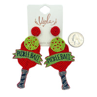 Pickleball Themed Seed Bead Earrings - Beaded (1.75x3.6in)
