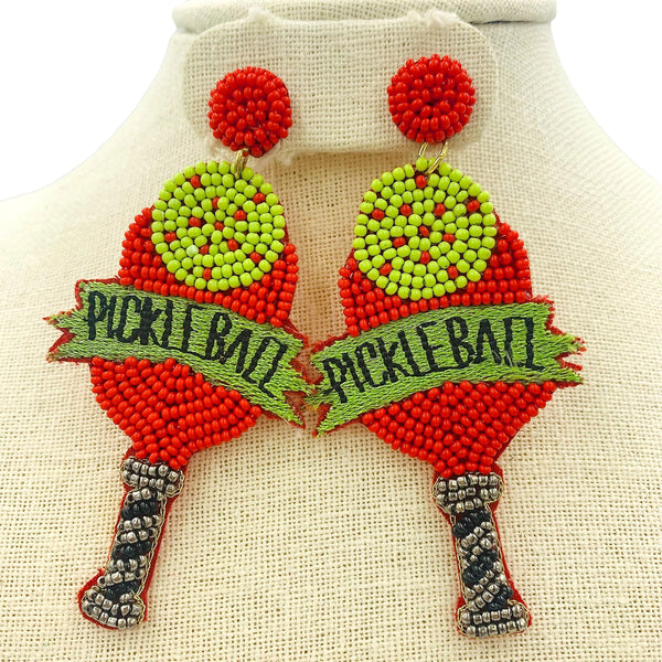 Pickleball Themed Seed Bead Earrings - Beaded (1.75x3.6in)