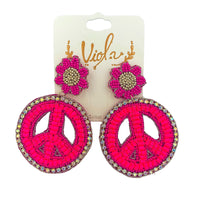 Pink Flower & Peace Sign Seed Bead & Crystal Earrings - Beaded (1.75x2.75in)