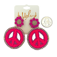 Pink Flower & Peace Sign Seed Bead & Crystal Earrings - Beaded (1.75x2.75in)