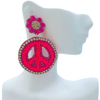 Pink Flower & Peace Sign Seed Bead & Crystal Earrings - Beaded (1.75x2.75in)