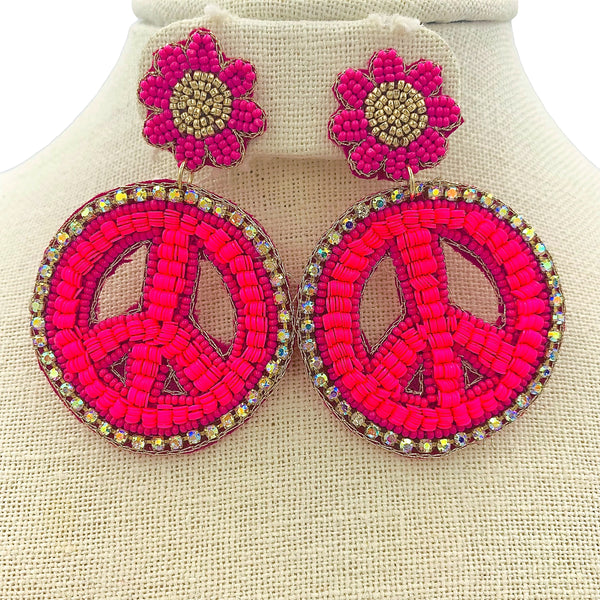 Pink Flower & Peace Sign Seed Bead & Crystal Earrings - Beaded (1.75x2.75in)