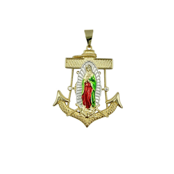 Gold Plated Our Lady of Guadalupe Halo Anchor Pendant (G157)(1.5x2.25in)