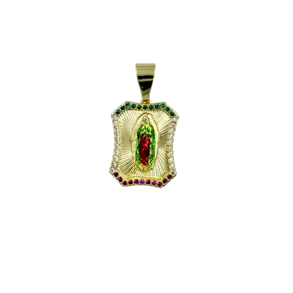 Gold Plated Our Lady of Guadalupe Crystal Square Halo Pendant (G203-5)(0.6x1.25in)