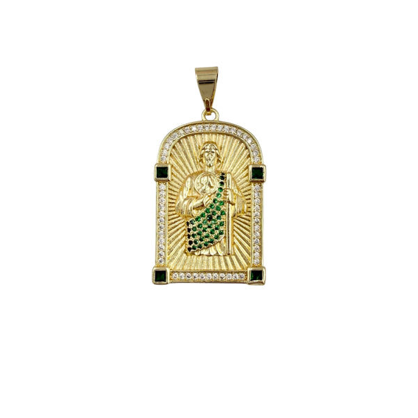 Gold Plated Saint Jude Crystal Dog Tag Pendant (G141-1)(1x1.75in)
