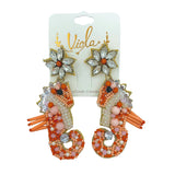 Red Coral Seahorse Seed Bead & Crystal Earrings - Beaded (1.5x3in)