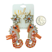 Red Coral Seahorse Seed Bead & Crystal Earrings - Beaded (1.5x3in)