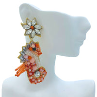 Red Coral Seahorse Seed Bead & Crystal Earrings - Beaded (1.5x3in)
