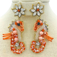Red Coral Seahorse Seed Bead & Crystal Earrings - Beaded (1.5x3in)