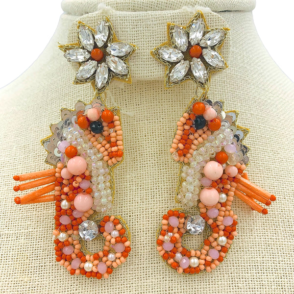 Red Coral Seahorse Seed Bead & Crystal Earrings - Beaded (1.5x3in)