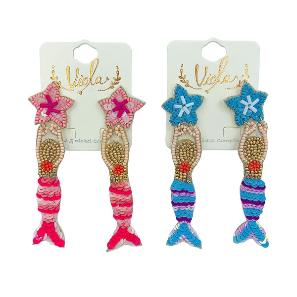 Mermaid Seed Bead Earrings in 2 Colors - Beaded (1x3.5in)