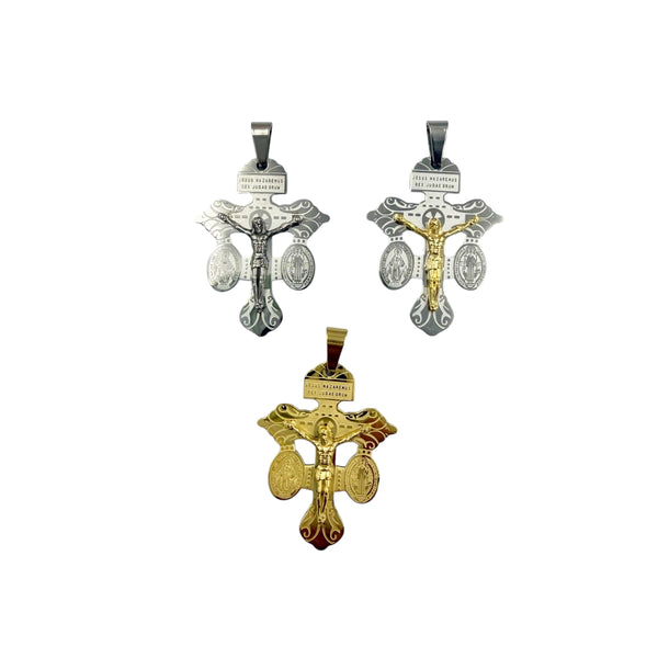 Stainless Steel Medium Crucifix San Benito Pendant - 2 Colors (3706)(1x1.5in)