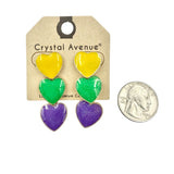 3 Heart Mardi Gras Themed Earrings (0.6x1.75in)