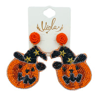 Witch Hat Pumpkin Seed Bead Earrings - Beaded, Halloween (1.75x2.75in)