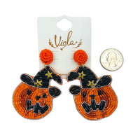 Witch Hat Pumpkin Seed Bead Earrings - Beaded, Halloween (1.75x2.75in)