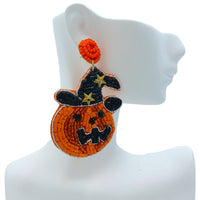 Witch Hat Pumpkin Seed Bead Earrings - Beaded, Halloween (1.75x2.75in)