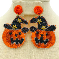 Witch Hat Pumpkin Seed Bead Earrings - Beaded, Halloween (1.75x2.75in)