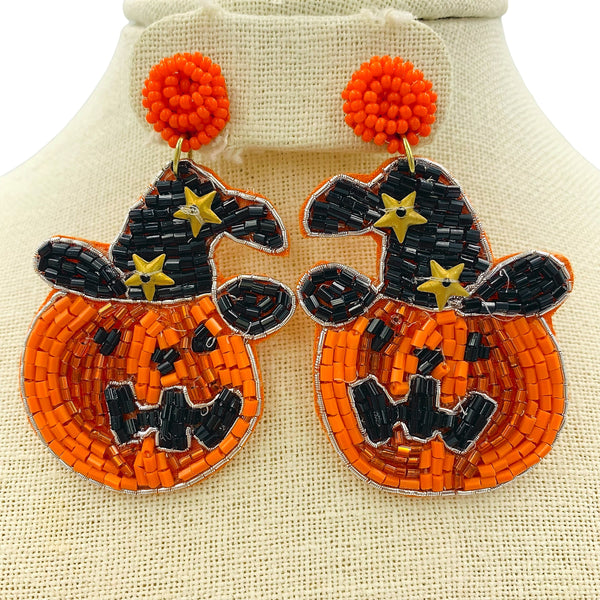 Witch Hat Pumpkin Seed Bead Earrings - Beaded, Halloween (1.75x2.75in)