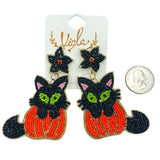 Black Cat & Pumpkin Seed Bead Earrings - 2 Colors, Beaded, Halloween (2x3.25in)