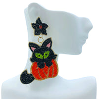 Black Cat & Pumpkin Seed Bead Earrings - 2 Colors, Beaded, Halloween (2x3.25in)