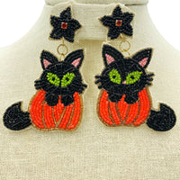 Black Cat & Pumpkin Seed Bead Earrings - 2 Colors, Beaded, Halloween (2x3.25in)