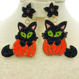 Black Cat & Pumpkin Seed Bead Earrings - 2 Colors, Beaded, Halloween (2x3.25in)