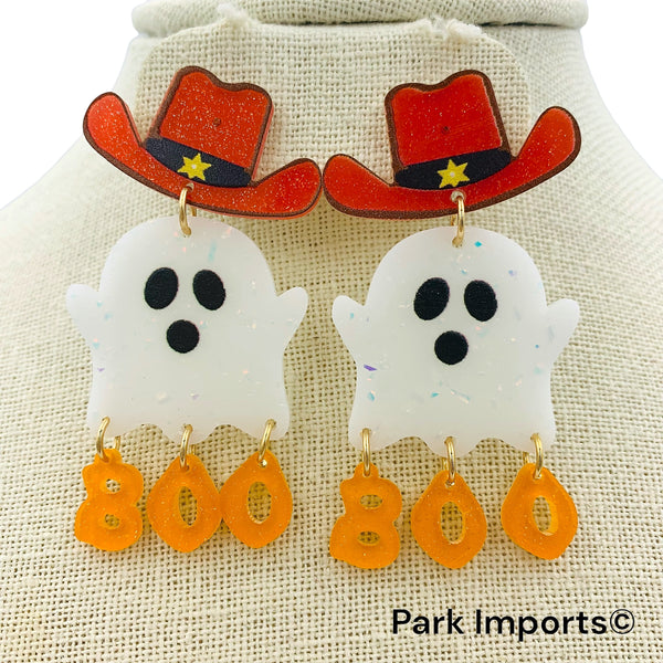 Cowboy Ghost Boo Acrylic & Glitter Halloween Earrings (1.25x2.25in)