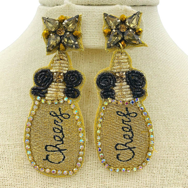 Champagne Bottle Cheers Seed Bead Earrings - Beaded, New Year's (1.25x3in)