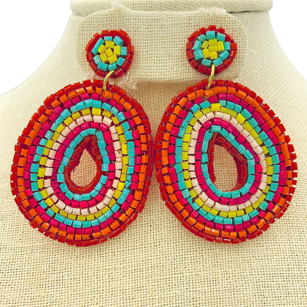 Rainbow Colored Doughnut Shaped Seed Bead Earrings - Beaded (1.75x2.5in)