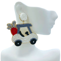 Golf Cart Seed Bead Earrings - Available 2 Colors, Sports, Beaded (2x2.75in)