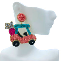 Golf Cart Seed Bead Earrings - Available 2 Colors, Sports, Beaded (2x2.75in)