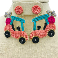 Golf Cart Seed Bead Earrings - Available 2 Colors, Sports, Beaded (2x2.75in)