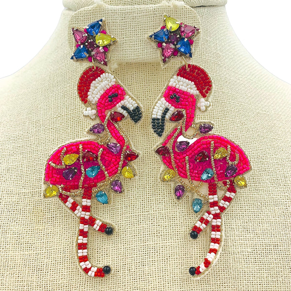 Christmas Themed Pink Flamingo Seed Bead Earrings - Beaded (1.5x4in)