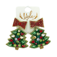 Christmas Tree & Bow Crystal Seed Bead Earrings - Beaded (2x2.75)