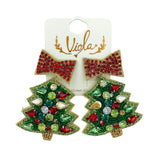 Christmas Tree & Bow Crystal Seed Bead Earrings - Beaded (2x2.75)